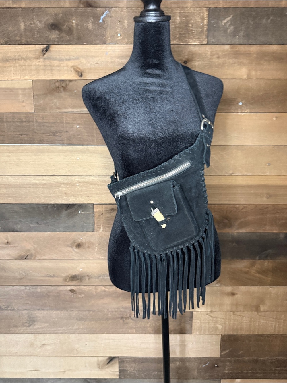 Raj Black Suede Fringe Crossbody Bag with Front Pocket 100% leather